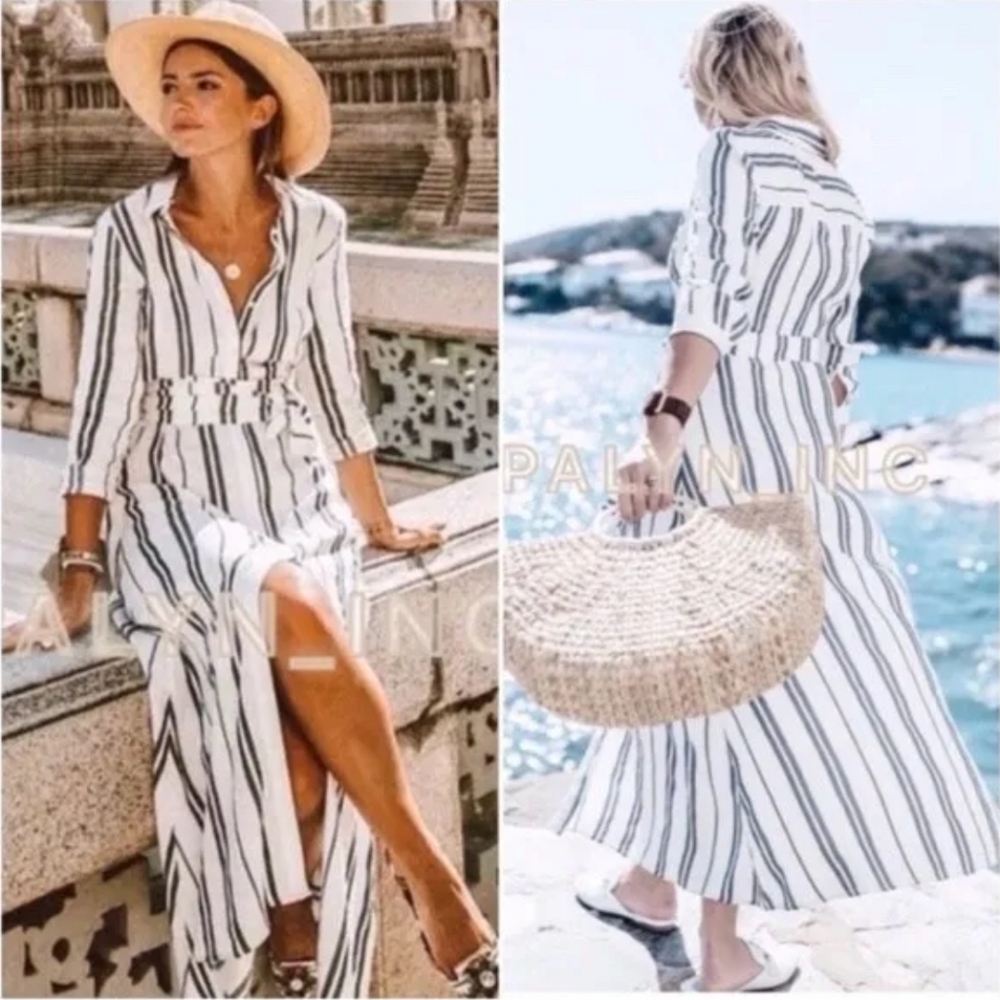Zara Woman Linen Blend Striped Shirtdress